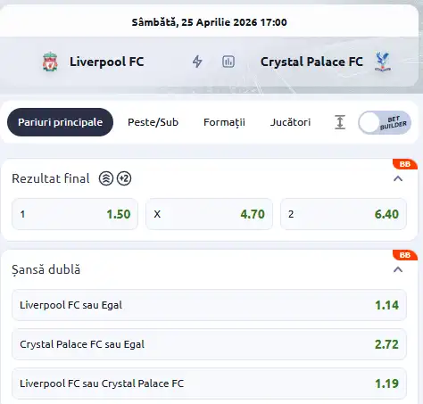 Cote pariuri Liverpol - Crystal Palace la Betano
