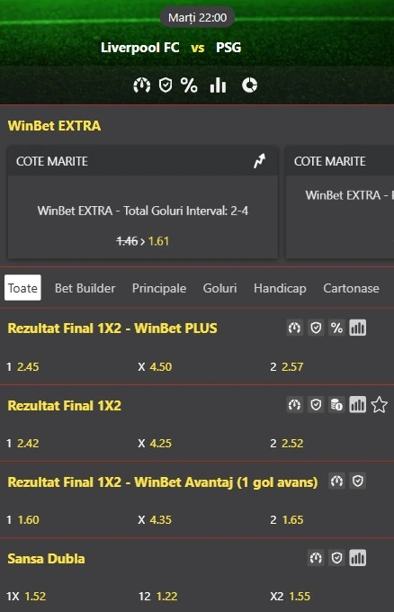 Cote pariuri Liverpool - PSG la Winbet