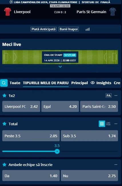Cote pariuri Liverpool - PSG oferite de Mr Bit