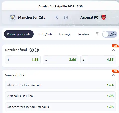 Cote pariuri Manchester City - Arsenal la Betano