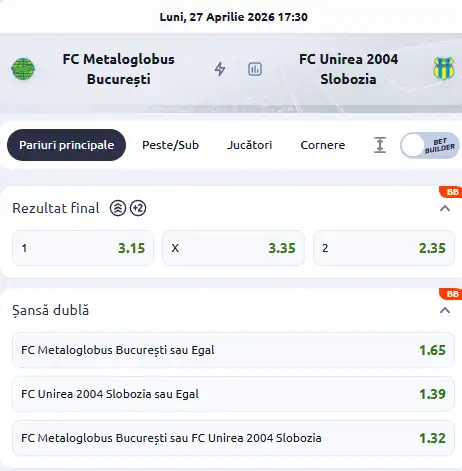 Cote pariuri Metaloglobus - Unirea Slobozia la Betano