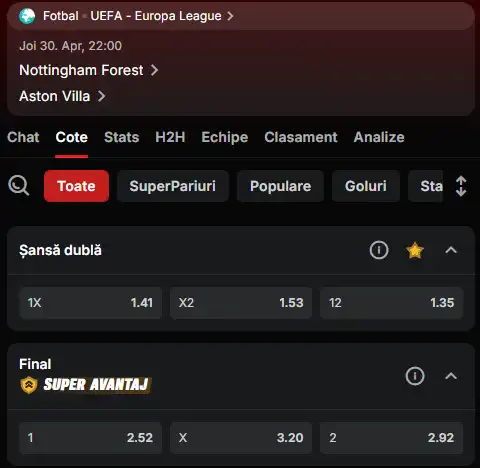 Cote pariuri Nottingham - Aston Villa la Superbet