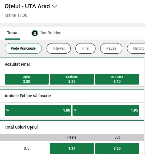 Cote pariuri Oțelul Galați vs UTA Arad la Unibet
