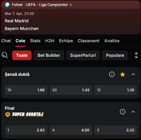 Cote pariuri Real Madrid - Bayern la Superbet