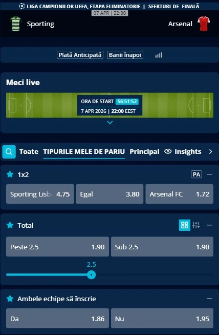 Cote pariuri Sporting - Arsenal oferite de Mr Bit