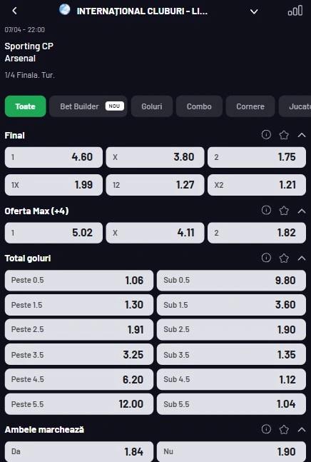 Cote pariuri Sporting - Arsenal la Maxbet