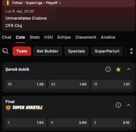 Cote pariuri Universitatea Craiova - CFR Cluj oferite de Superbet