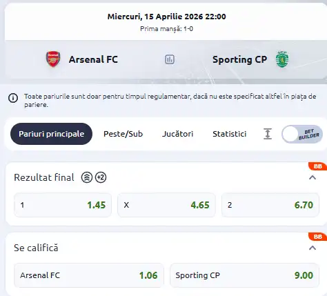 Cotele la pariuri Arsenal - Sporting la Betano