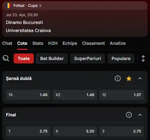 Cotele la pariuri în Dinamo vs Craiova la Superbet