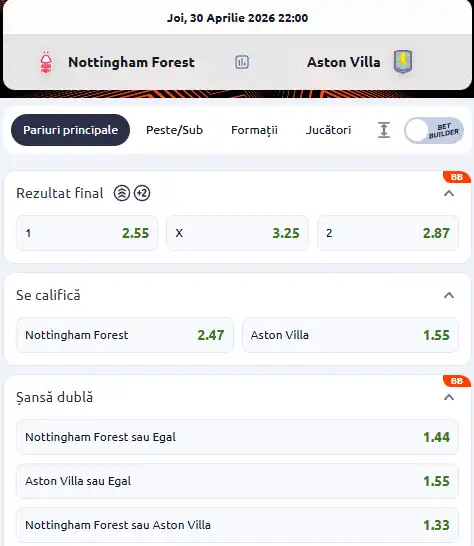 Cum arată cotele la pariuri Nottingham - Aston Villa la Betano
