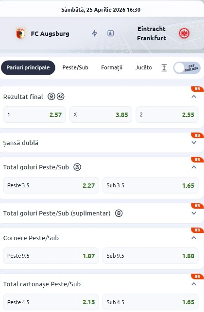 Cote pariuri FC Augsburg - Frankfurt