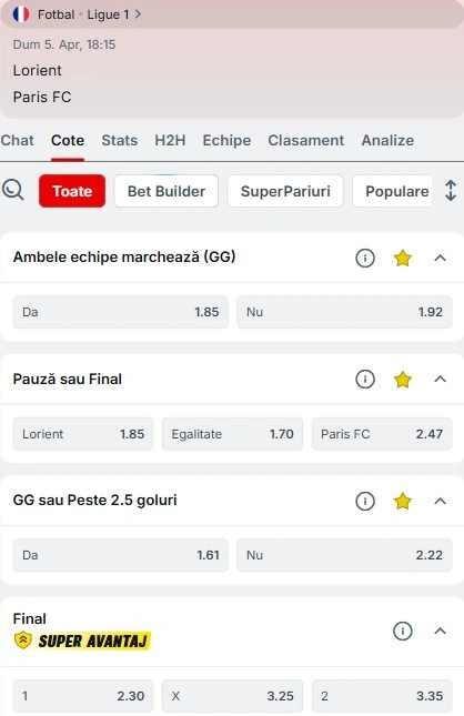 Cote pariuri FC Lorient - Paris FC