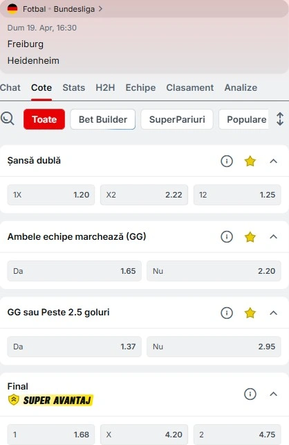 Cote pariuri Freiburg vs Heidenheim