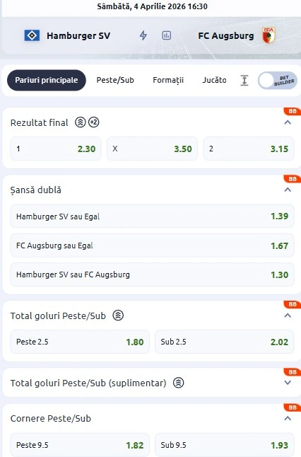 Cote pariuri Hamburger SV - FC Augsburg