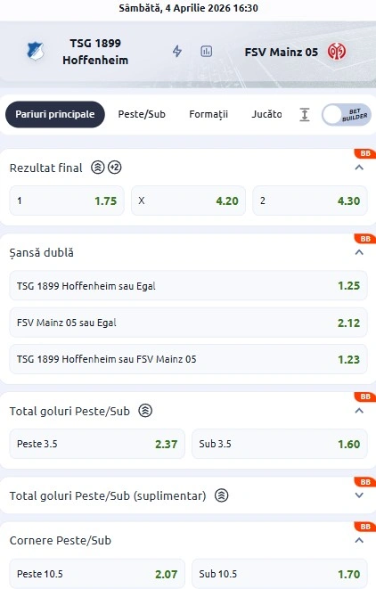 Cote pariuri Hoffenheim vs Mainz