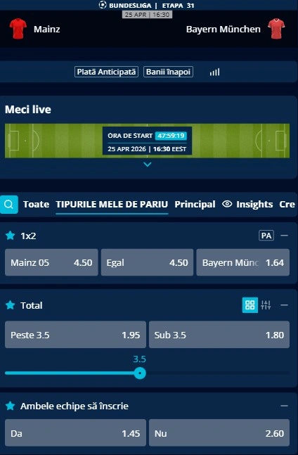 Cote pariuri Mainz - Bayern