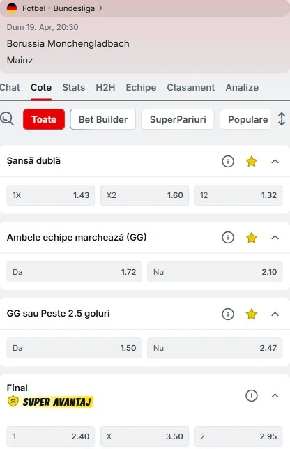 Cote pariuri Monchengladbach vs Mainz