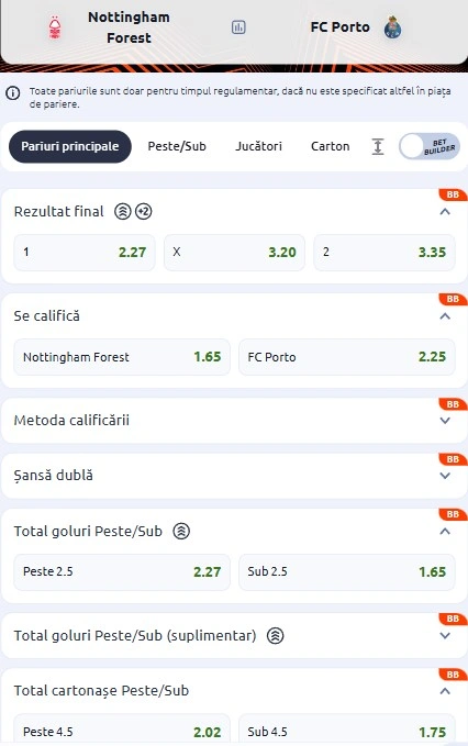 Cote pariuri Nottingham Forest - FC Porto