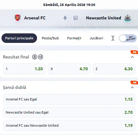 Oferta de cote pariuri Arsenal vs Newcastle, la Betano