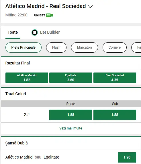 Oferta de cote pariuri Atletico Madrid - Real Sociedad la Unibet