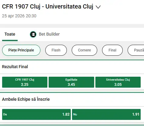 Oferta de cote pariuri CFR Cluj - U Cluj la Unibet