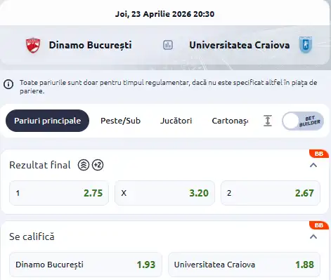 Oferta de cote pariuri Dinamo vs Universitatea Craiova la Betano