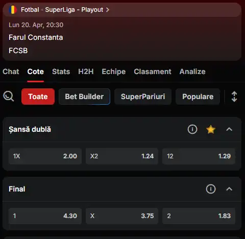 Oferta de cote pariuri Farul Constanța - FCSB la Superbet