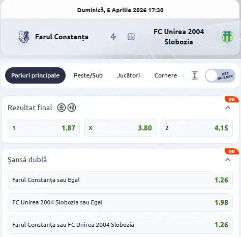 Oferta de cote pariuri Farul Constanța - Unirea Slobozia la Betano