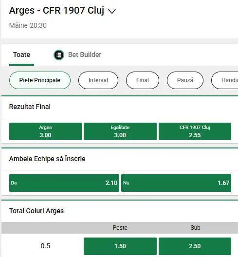 Oferta de cote pariuri FC Argeș - CFR Cluj la Unibet