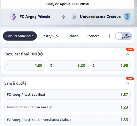 Oferta de cote pariuri FC Argeș - Universitatea Craiova la Betano
