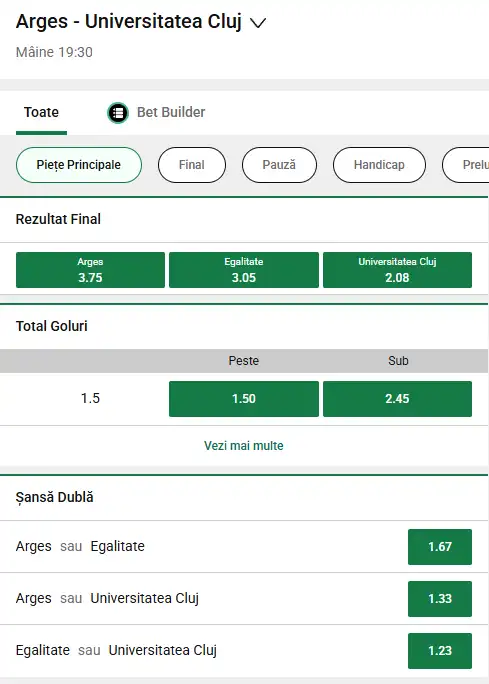 Oferta de cote pariuri FC Argeș vs U Cluj la Unibet