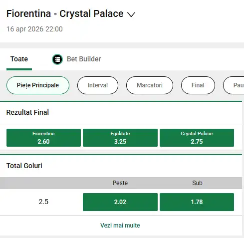 Oferta de cote pariuri Fiorentina - Crystal Palace la Unibet