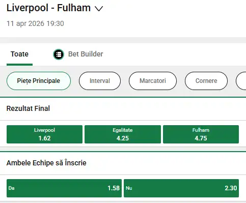 OFerta de cote pariuri Liverpol - Fulham la Unibet
