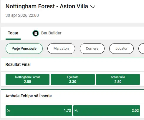 Oferta de cote pariuri Nottingham vs Aston Villa la Unibet