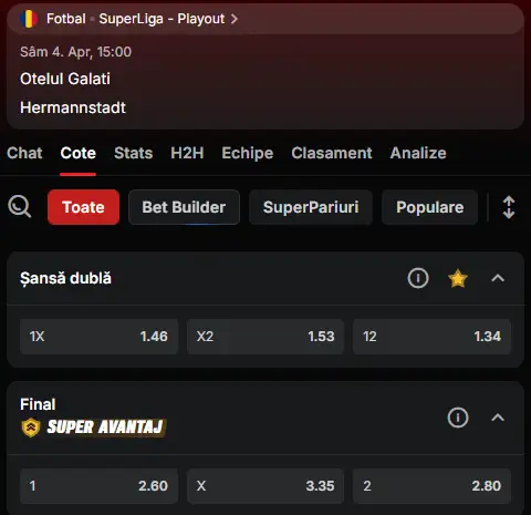 Oferta de cote pariuri Oțelul Galați - Hermannstadt la Superbet