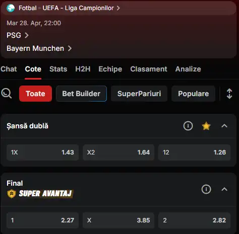Oferta de cote pariuri PSG vs Bayern la Superbet