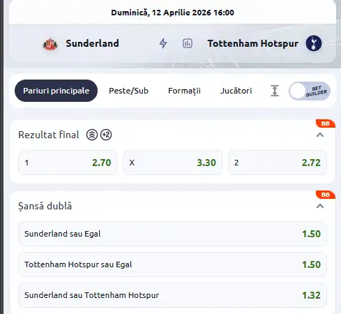 Oferta de cote pariuri Sunderland - Tottenham la Betano