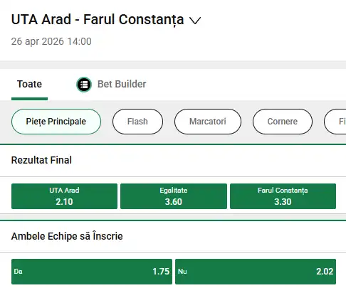 Oferta de cote pariuri UTA Arad - Farul Constanța la Unibet