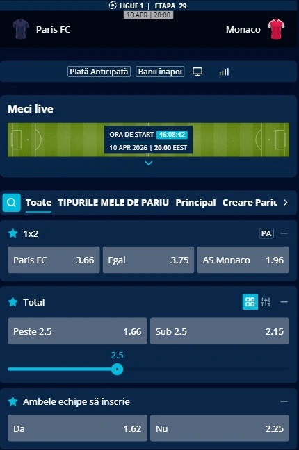 Cote pariuri Paris FC vs AS Monaco