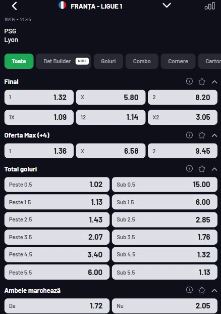 Cote pariuri PSG vs Lyon