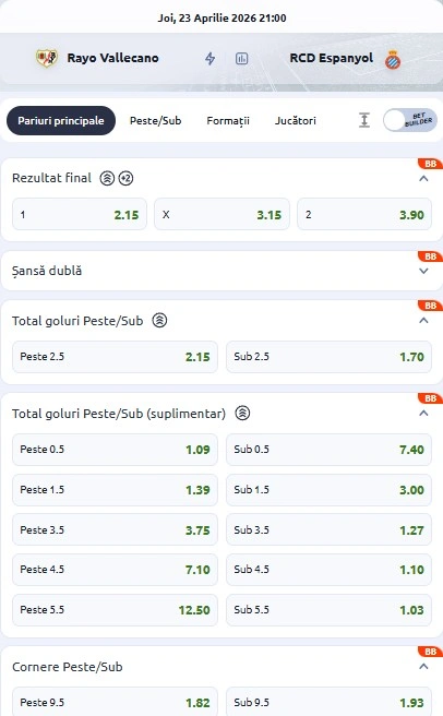 Cote pariuri Rayo Vallecano vs Espanyol