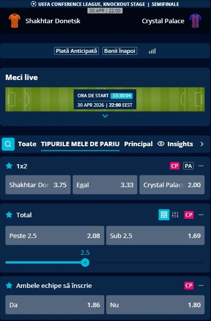 Cote pariuri Shakhtar - Crystal Palace
