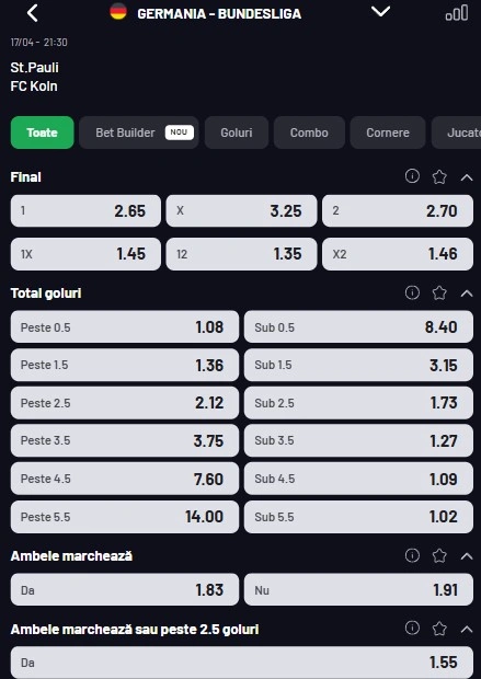 Cote pariuri St Pauli - FC Koln