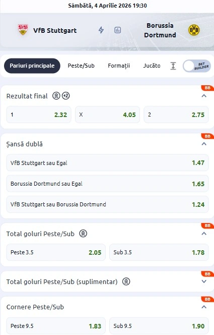 Cote pariuri Stuttgart vs Dortmund