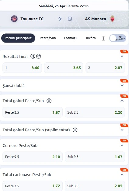 Cote pariuri Toulouse vs AS Monaco