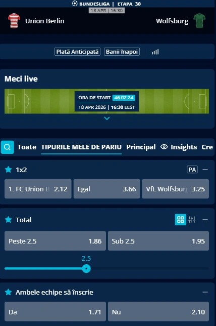 Cote pariuri Union Berlin - Wolfsburg