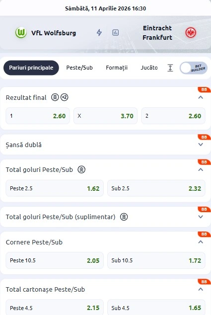 Cote pariuri Wolfsburg - Frankfurt