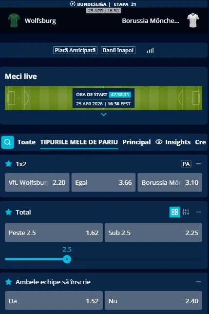 Cote pariuri Wolfsburg vs Monchengladbach