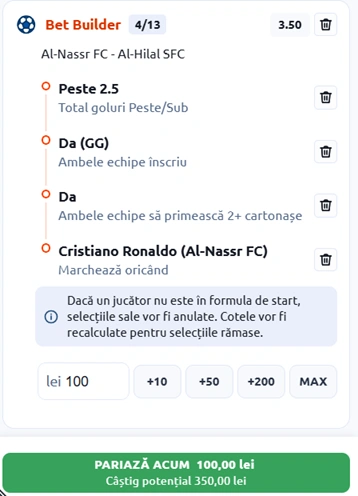Al Nassr vs Al Hilal, Bet Builder in cota 3.50