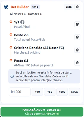 Al Nassr vs Damac, Bet Builder in cota 2